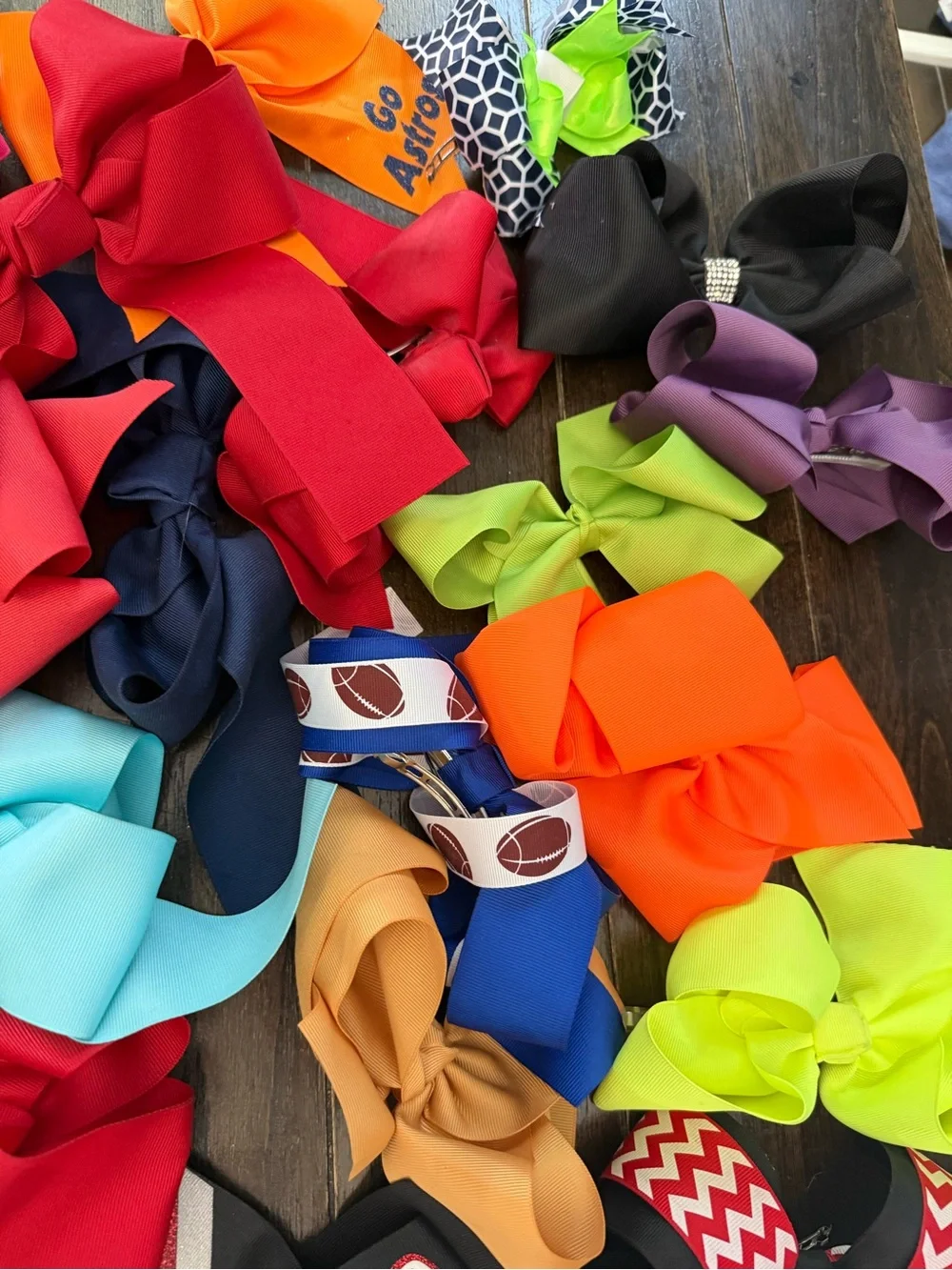 Roughly 60 Assorted Kids Hair Bows - Multi Color Pack Cheer, Softball, School